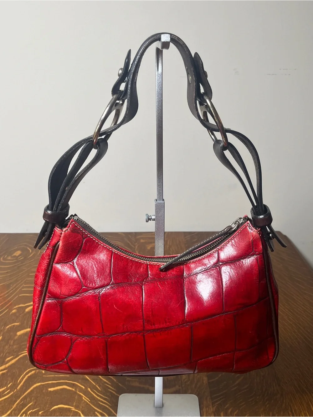 Dooney & Bourke Vintage Red Croc-Embossed Shoulder Bag with Dark Brown Handles